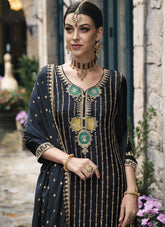 Fantastic Embroidered Work Salwar Suit in Dark Blue Colour